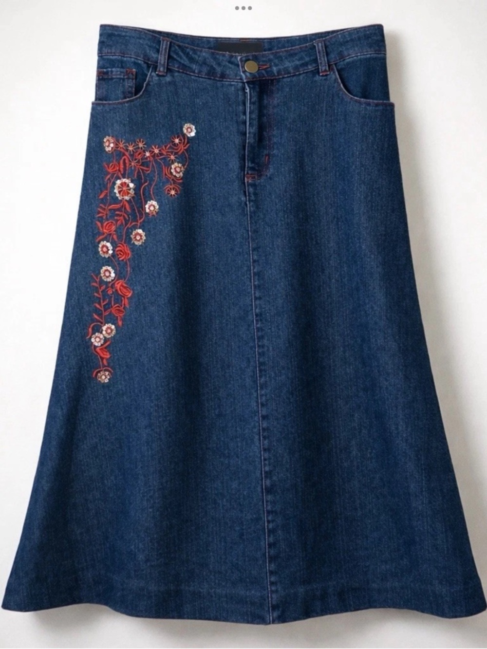 Ashro Dark Blue Denim A-Line Skirt with Red & White Floral Embroidery
